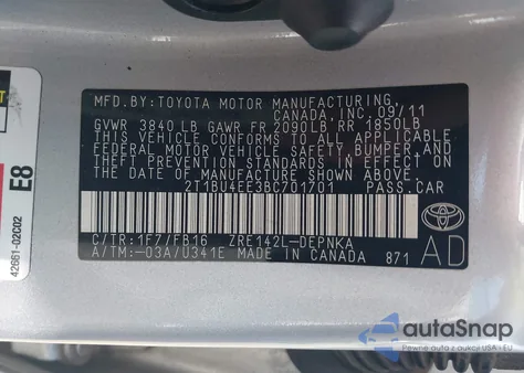 2011 Toyota Corolla Le из США, поврежденный, VIN 2T1BU4EE3BC701701